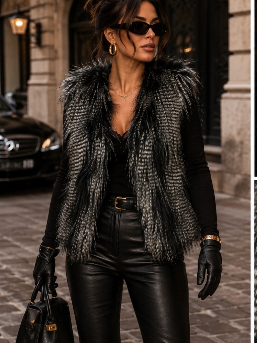 Faux Fur Vest - Black & Silver Textured Sleeveless Jacket Sz 12 H&M